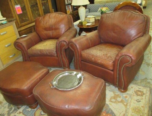 Item #70F & #29F – Ethan Allen Leather Chair with Ottoman, 2 Avail – $155 Each