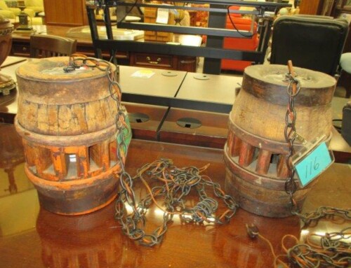 Item #116L & 232L – Antique Hanging Wagon Wheel Hub Lamps, 2 Avail – $35  Each