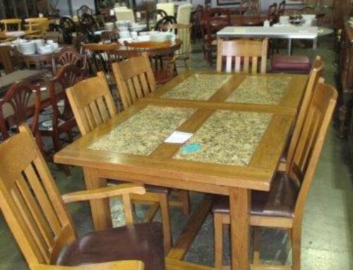 Item #133N – Mission Style Table, 2 Leaves, 6 Chairs – $395